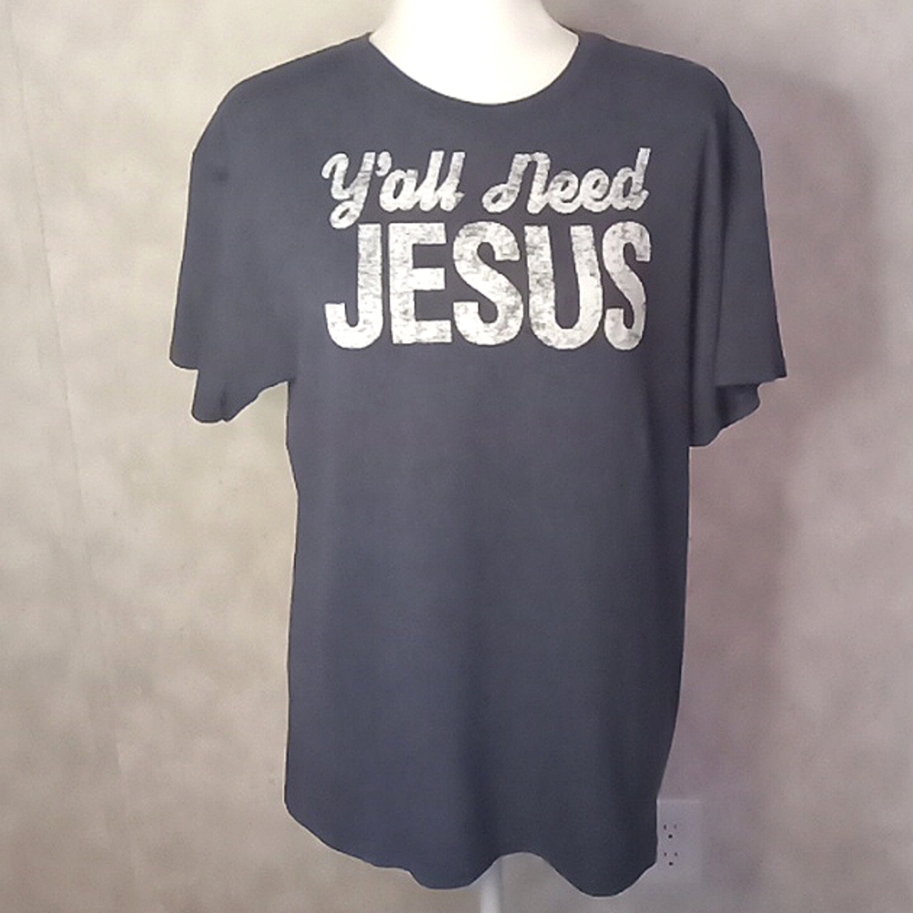 Graphic Tee, Distressed letters,say Y'all Need Jesus" Heather Blue color, size m